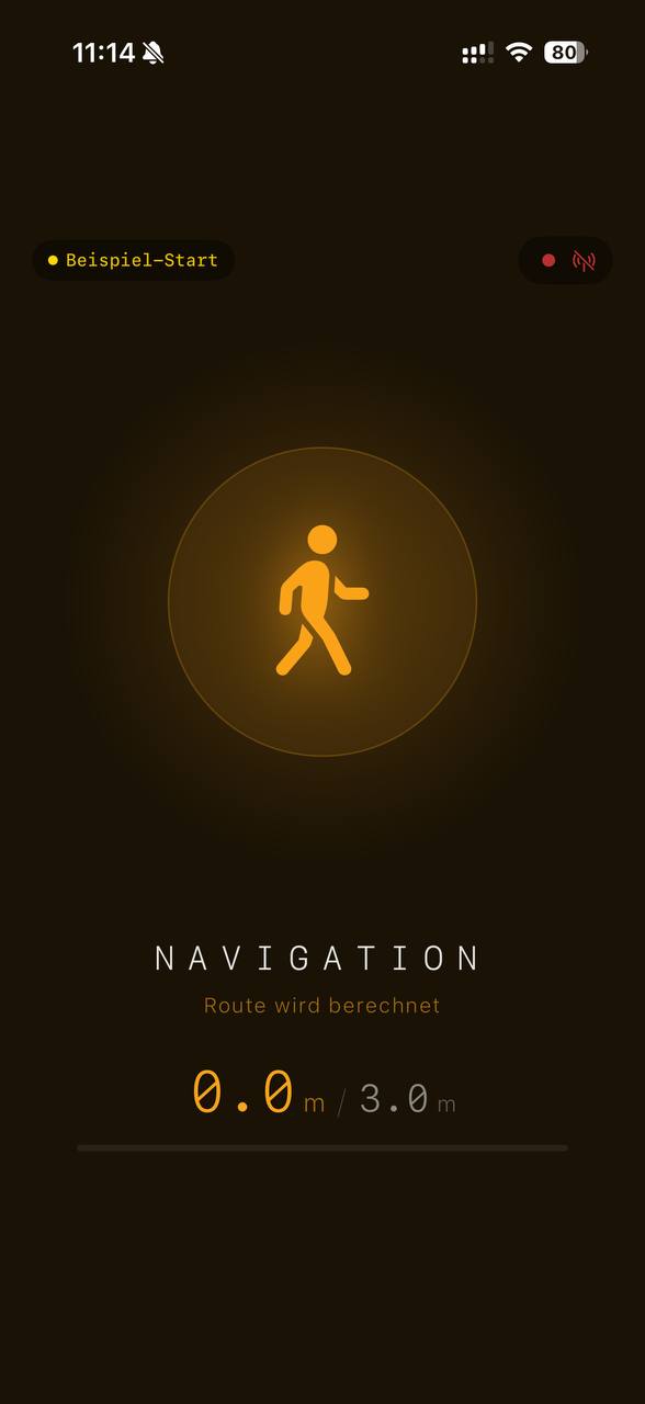 App-Ansicht: Navigation läuft, Distanzanzeige in Metern